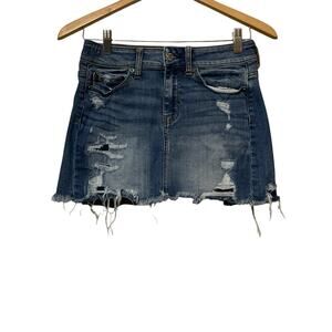 American Eagle Mini Skirt Womens Size 0 Super Stretch Distressed Denim Frayed‎